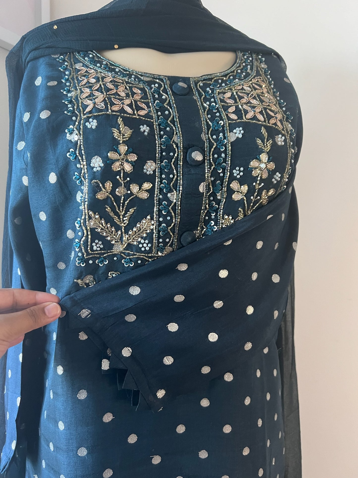 Midnight Blue Silk Blend Kurta Set (3 piece set) with Gold Weave & Zardosi Work and Grey-Blue Sharara. This product is available in 3XL too .