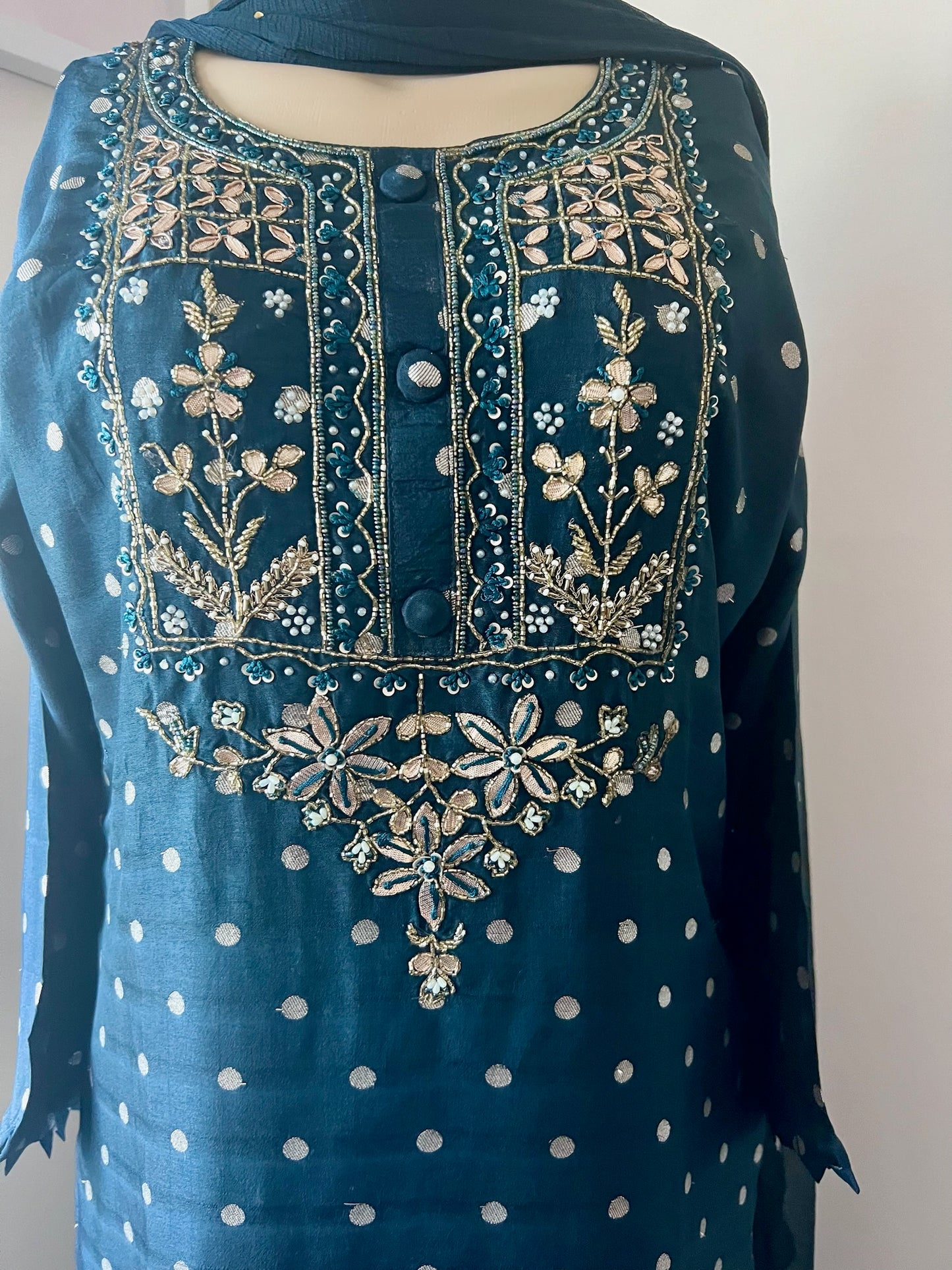 Midnight Blue Silk Blend Kurta Set (3 piece set) with Gold Weave & Zardosi Work and Grey-Blue Sharara. This product is available in 3XL too .