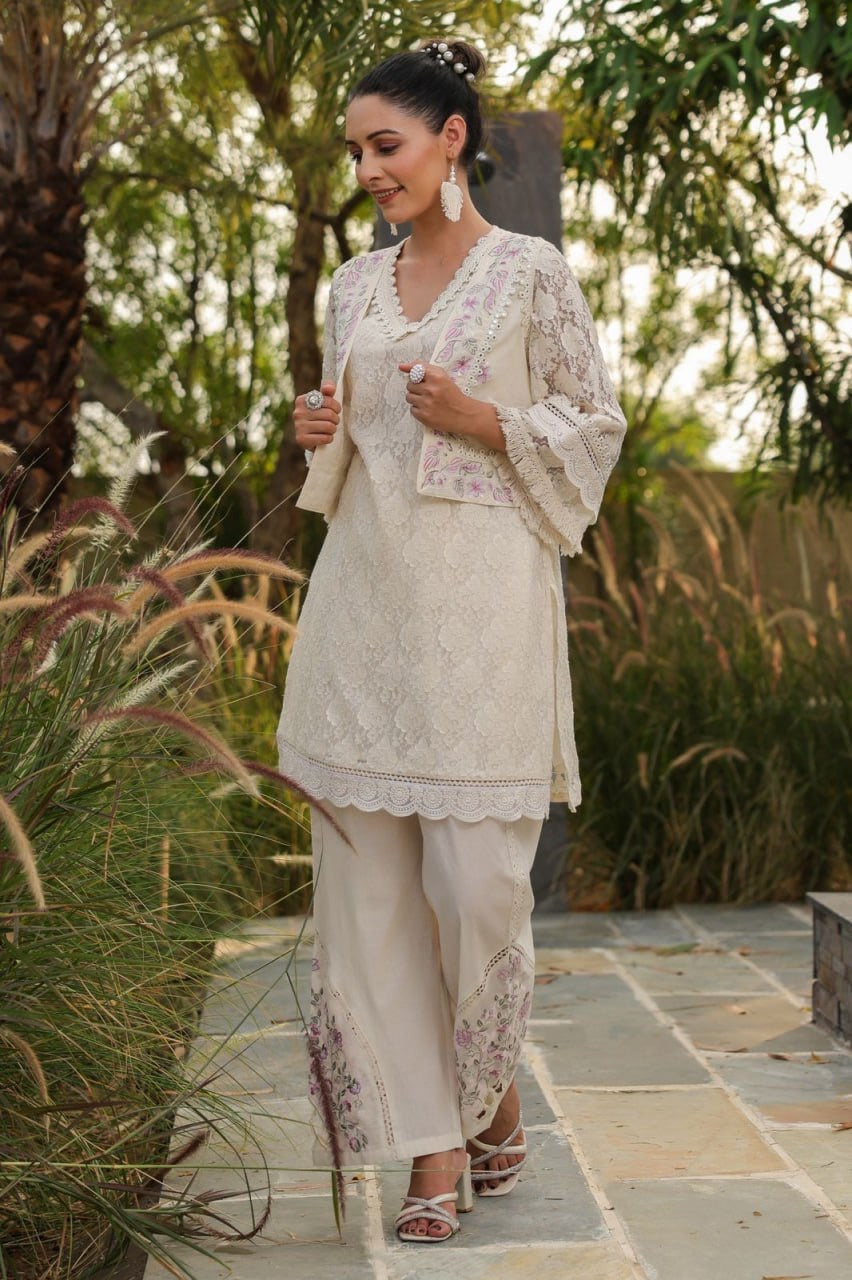 Off-White 3-Piece Indian Fusion Wear with Net & Lace Kurta, Embroidered Pants, and Hand-Worked Jacket