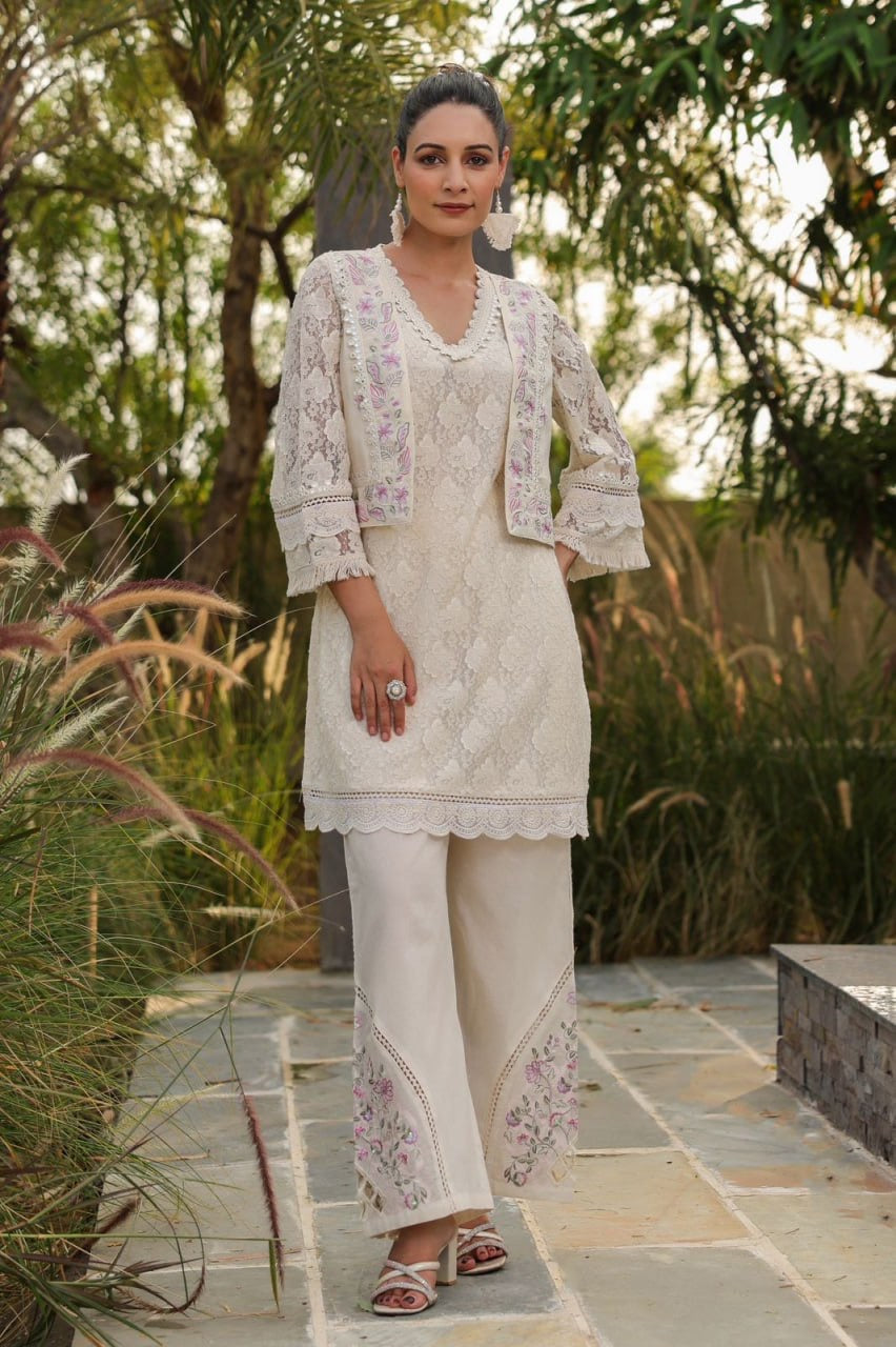 Off-White 3-Piece Indian Fusion Wear with Net & Lace Kurta, Embroidered Pants, and Hand-Worked Jacket