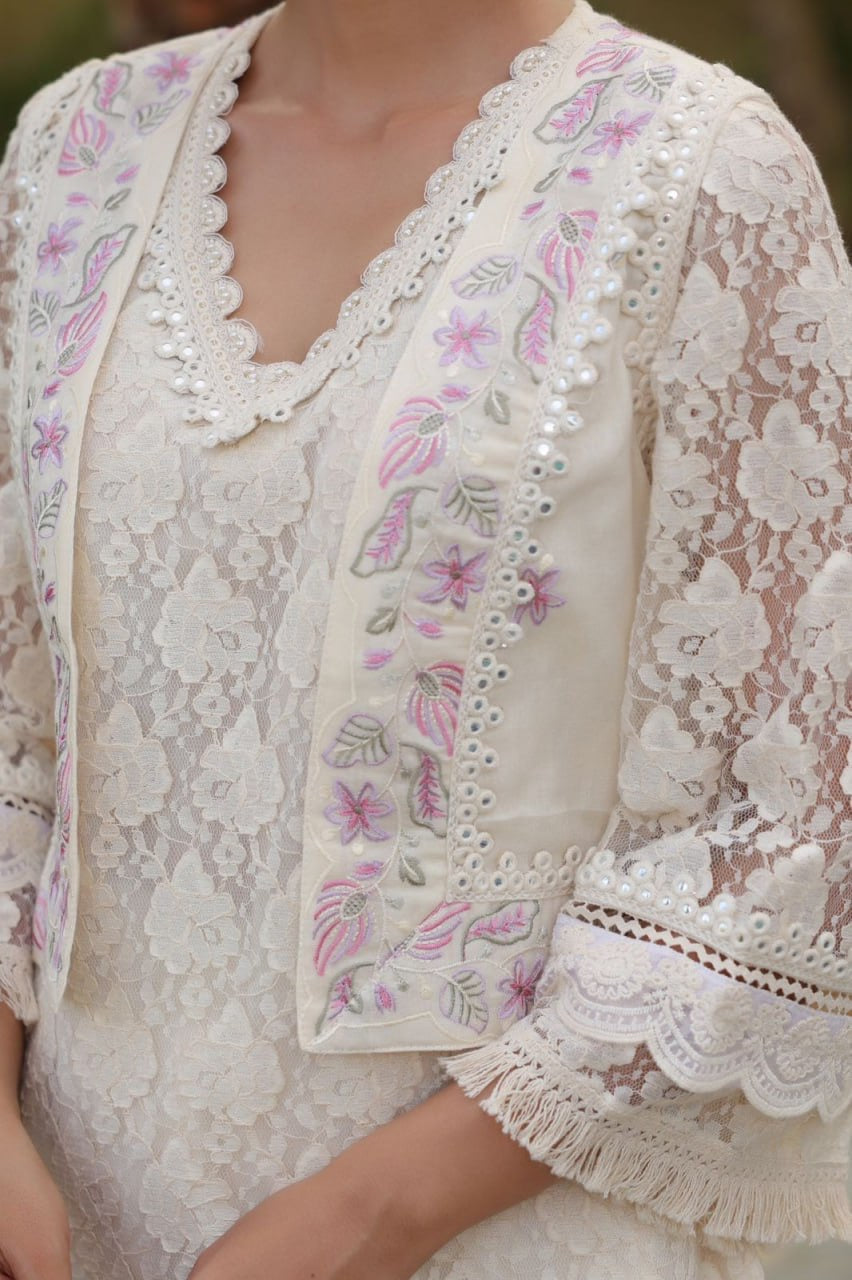 Off-White 3-Piece Indian Fusion Wear with Net & Lace Kurta, Embroidered Pants, and Hand-Worked Jacket