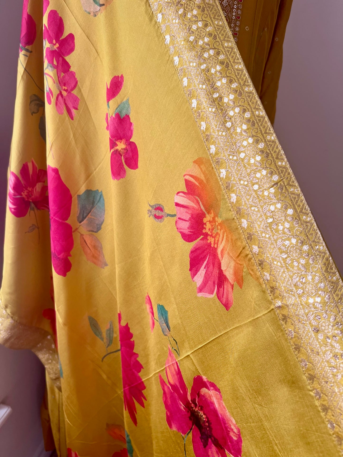 Full-Flare Crepe Silk Anarkali Gown with Gold Weave Motifs & Floral Printed Dupatta. 2 piece set dupatta and ankle length anarkali