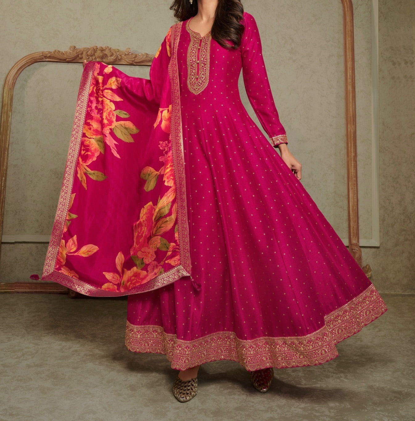 Full-Flare Crepe Silk Anarkali 2-Piece Festive Wear with Gold Weave Motifs & Floral Printed Dupatta in Rani Colour
