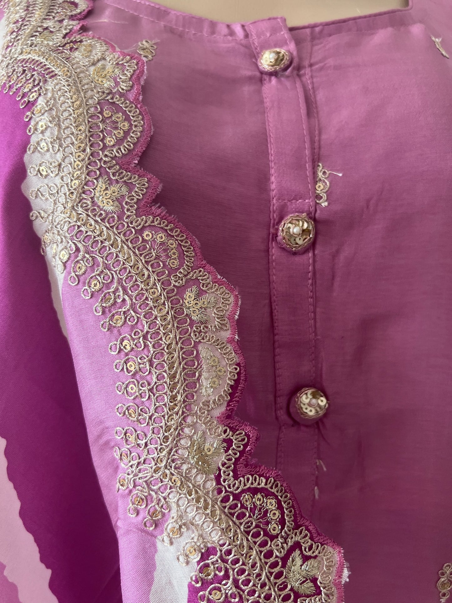 Mauve Chinnon Silk 3-Piece Kurta Set with Silver Hand-Worked Embellishments