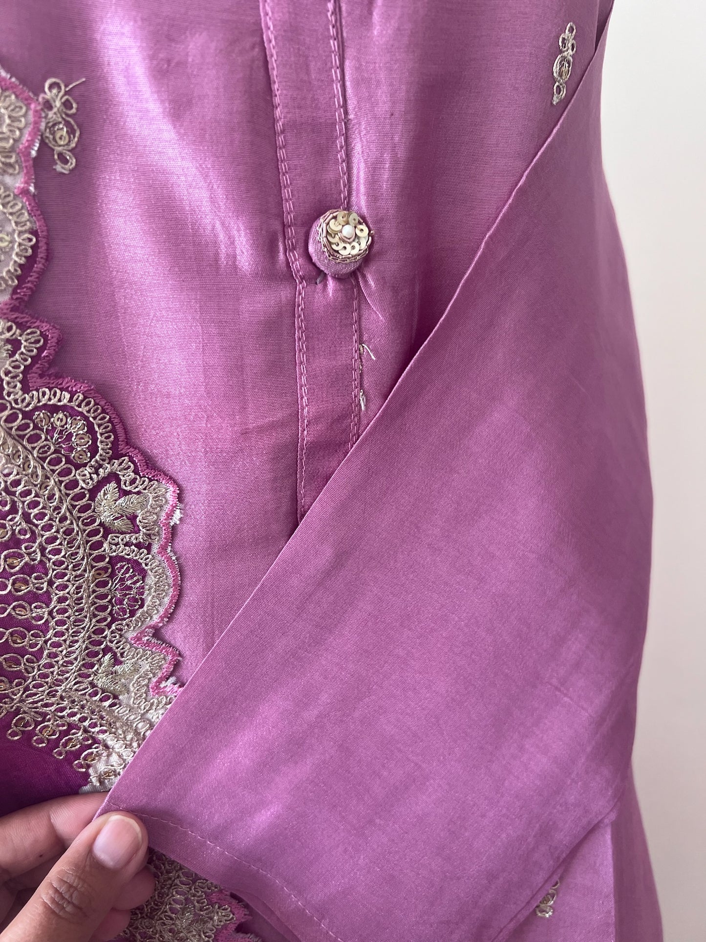 Mauve Chinnon Silk 3-Piece Kurta Set with Silver Hand-Worked Embellishments