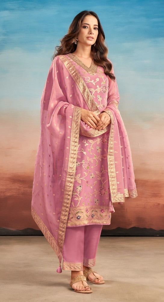 Tissue Silk 3-Piece Suit with Golden Butti Work – Classy Traditional Wear