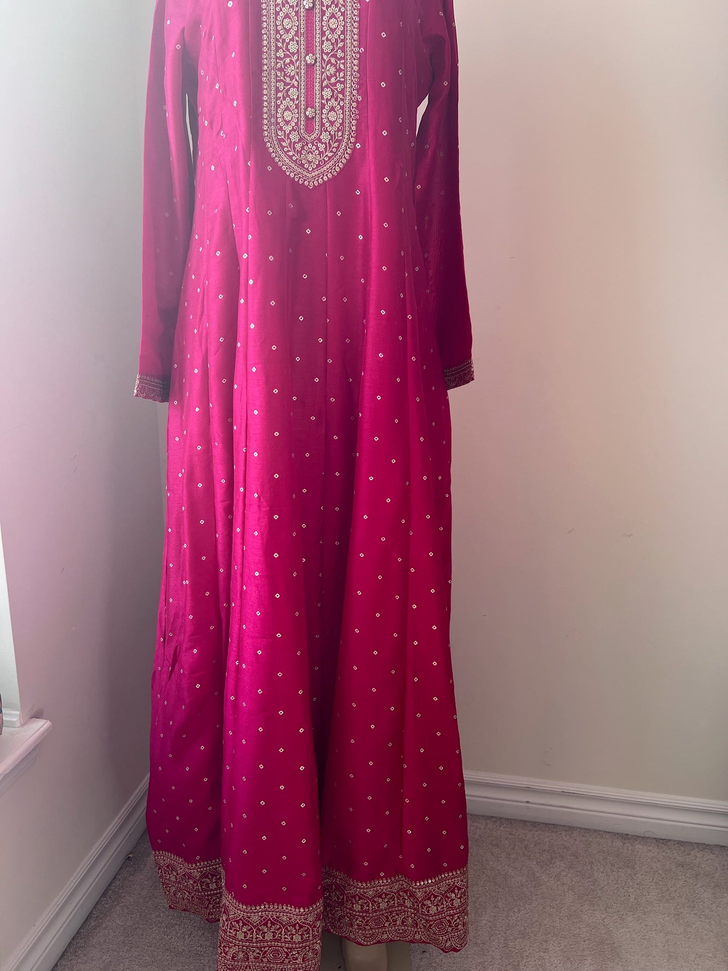 Full-Flare Crepe Silk Anarkali 2-Piece Festive Wear with Gold Weave Motifs & Floral Printed Dupatta in Rani Colour
