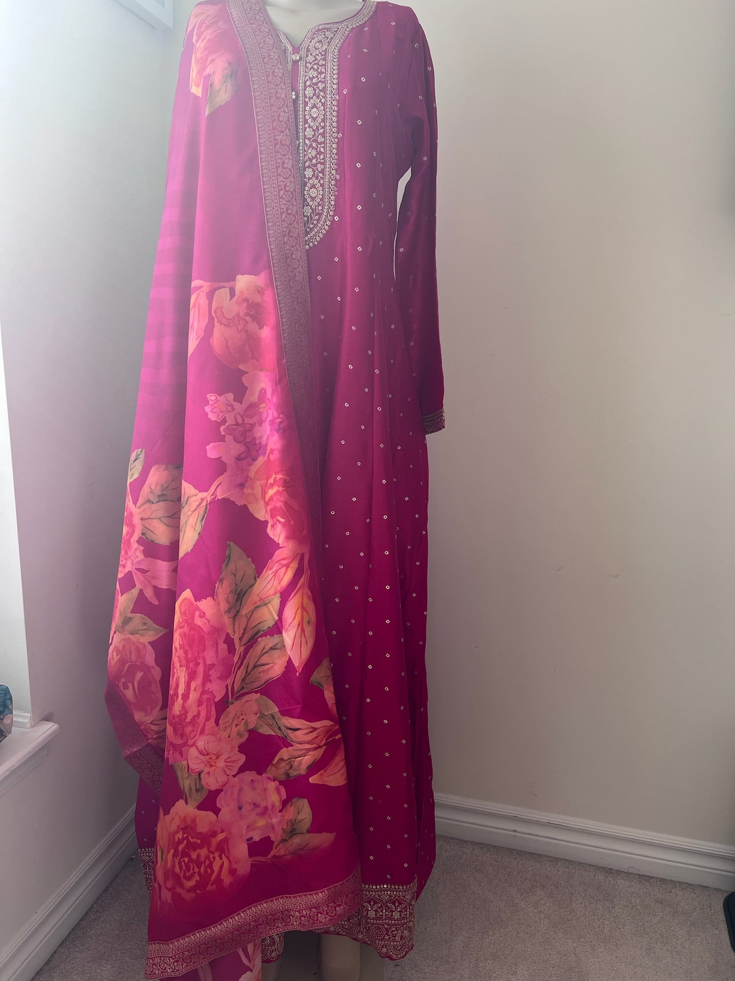 Full-Flare Crepe Silk Anarkali 2-Piece Festive Wear with Gold Weave Motifs & Floral Printed Dupatta in Rani Colour