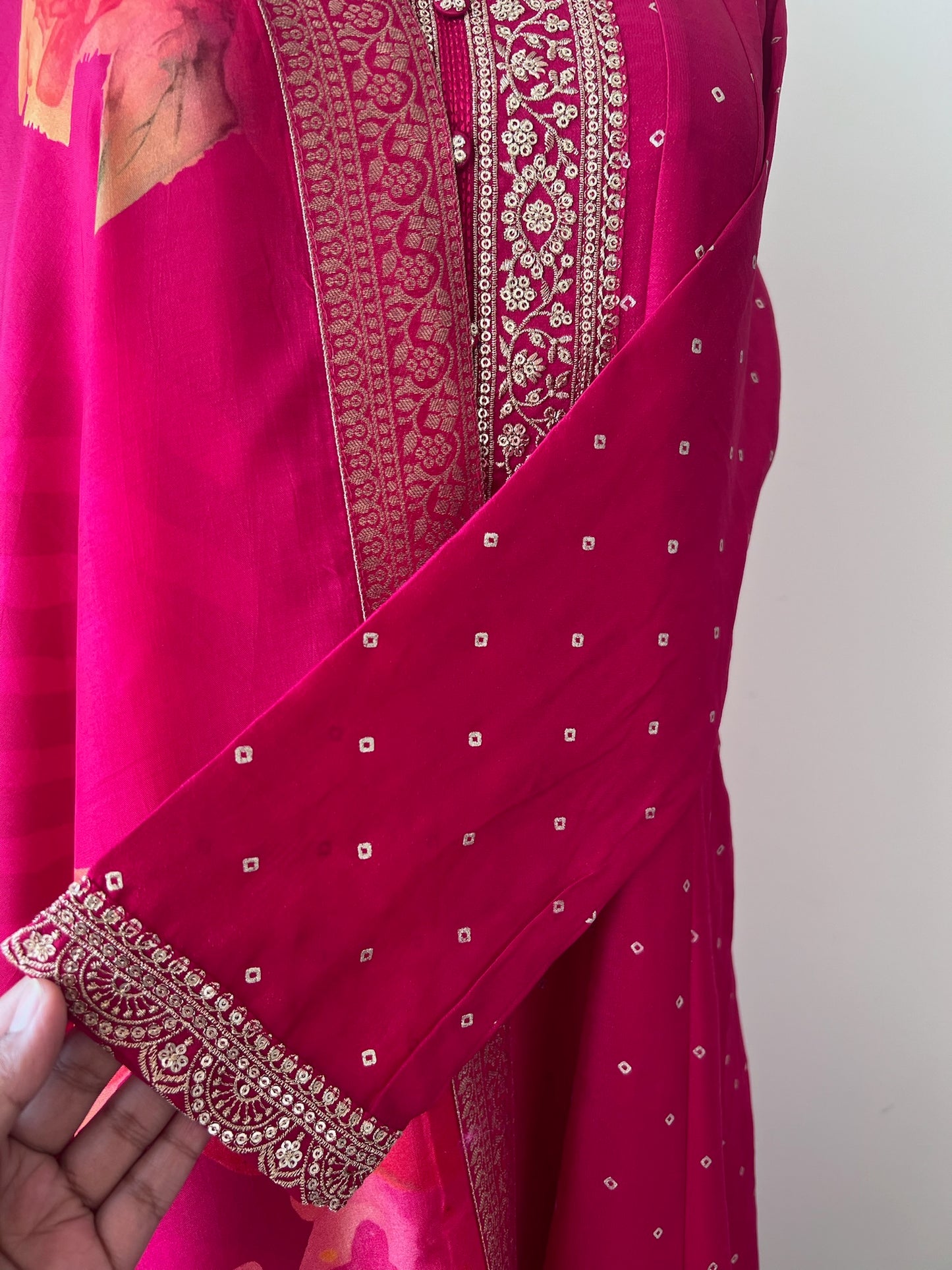 Full-Flare Crepe Silk Anarkali 2-Piece Festive Wear with Gold Weave Motifs & Floral Printed Dupatta in Rani Colour