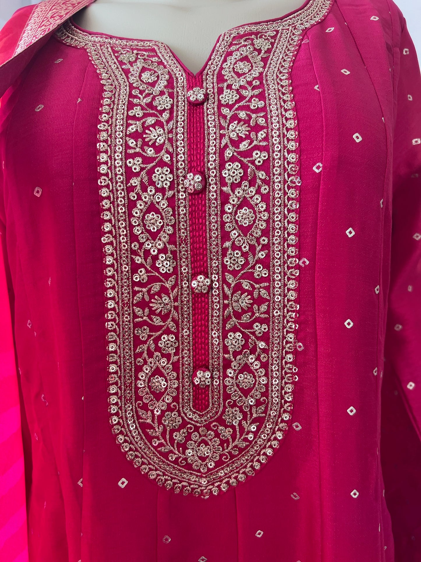 Full-Flare Crepe Silk Anarkali 2-Piece Festive Wear with Gold Weave Motifs & Floral Printed Dupatta in Rani Colour