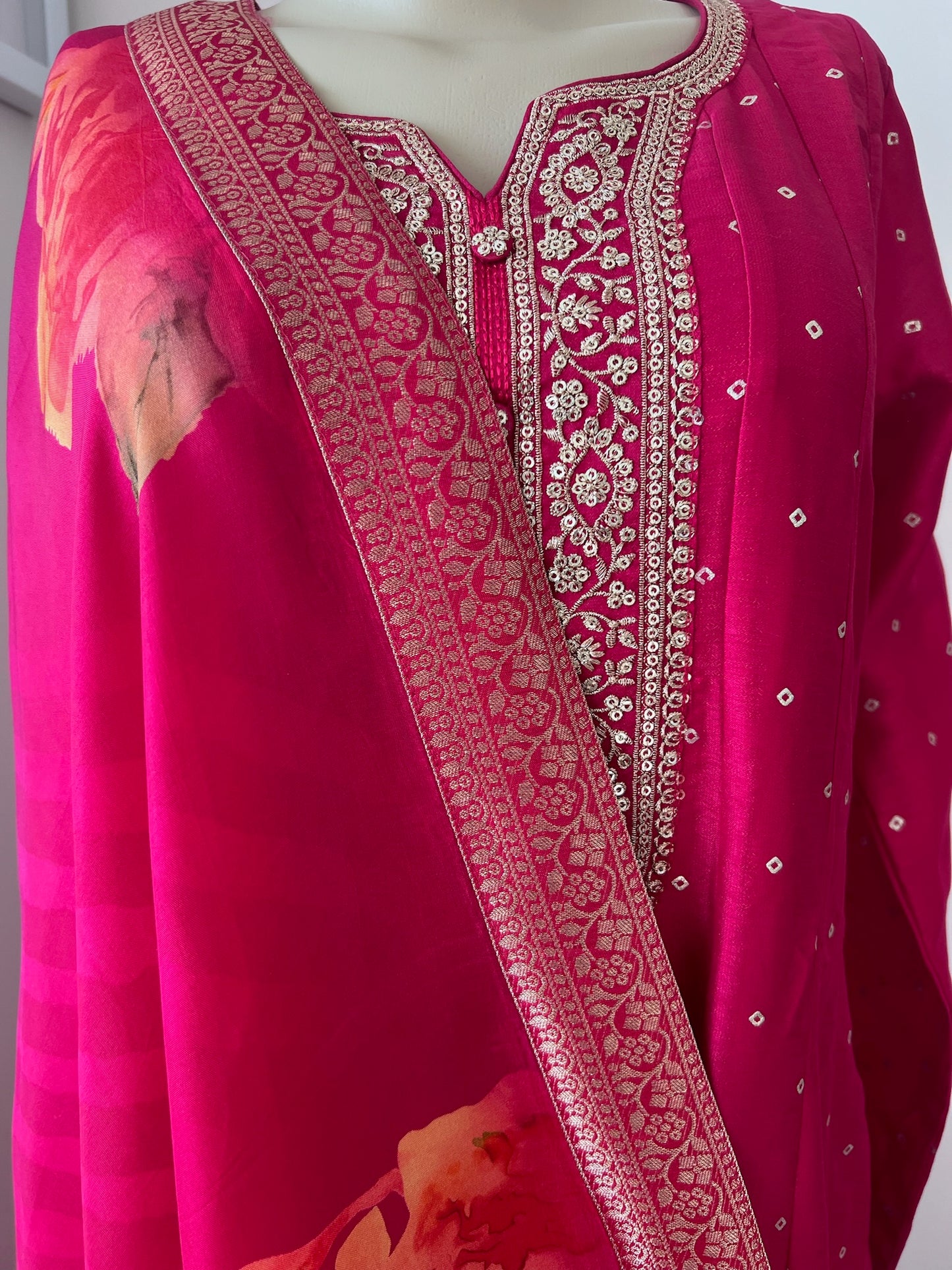 Full-Flare Crepe Silk Anarkali 2-Piece Festive Wear with Gold Weave Motifs & Floral Printed Dupatta in Rani Colour