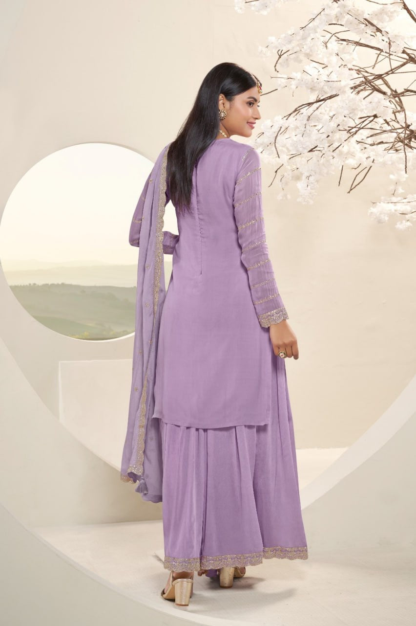 Mauve Georgette 3-Piece Sharara Set with Silver Gota Work