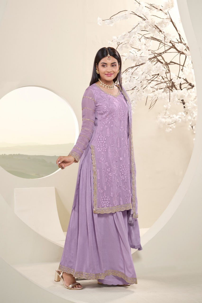 Mauve Georgette 3-Piece Sharara Set with Silver Gota Work