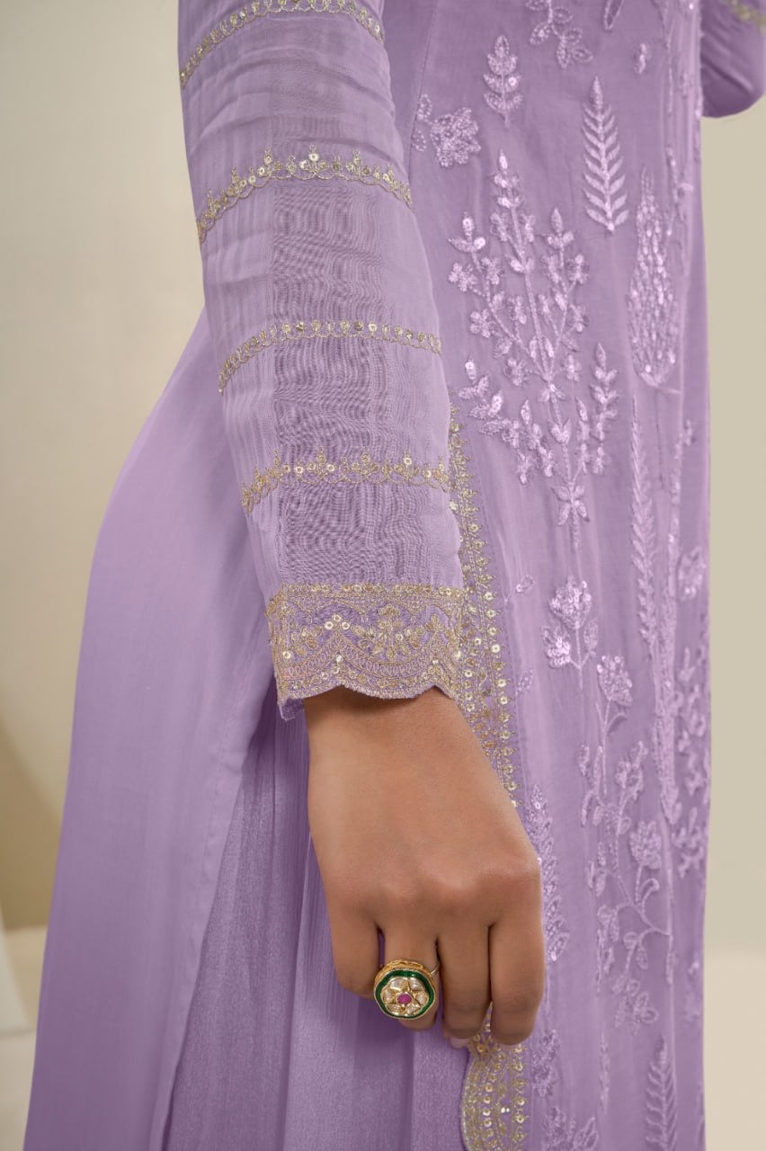 Mauve Georgette 3-Piece Sharara Set with Silver Gota Work