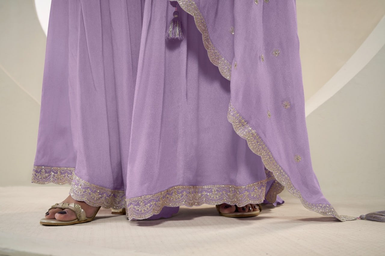 Mauve Georgette 3-Piece Sharara Set with Silver Gota Work