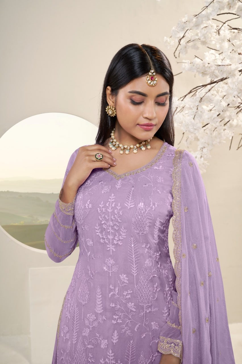 Mauve Georgette 3-Piece Sharara Set with Silver Gota Work