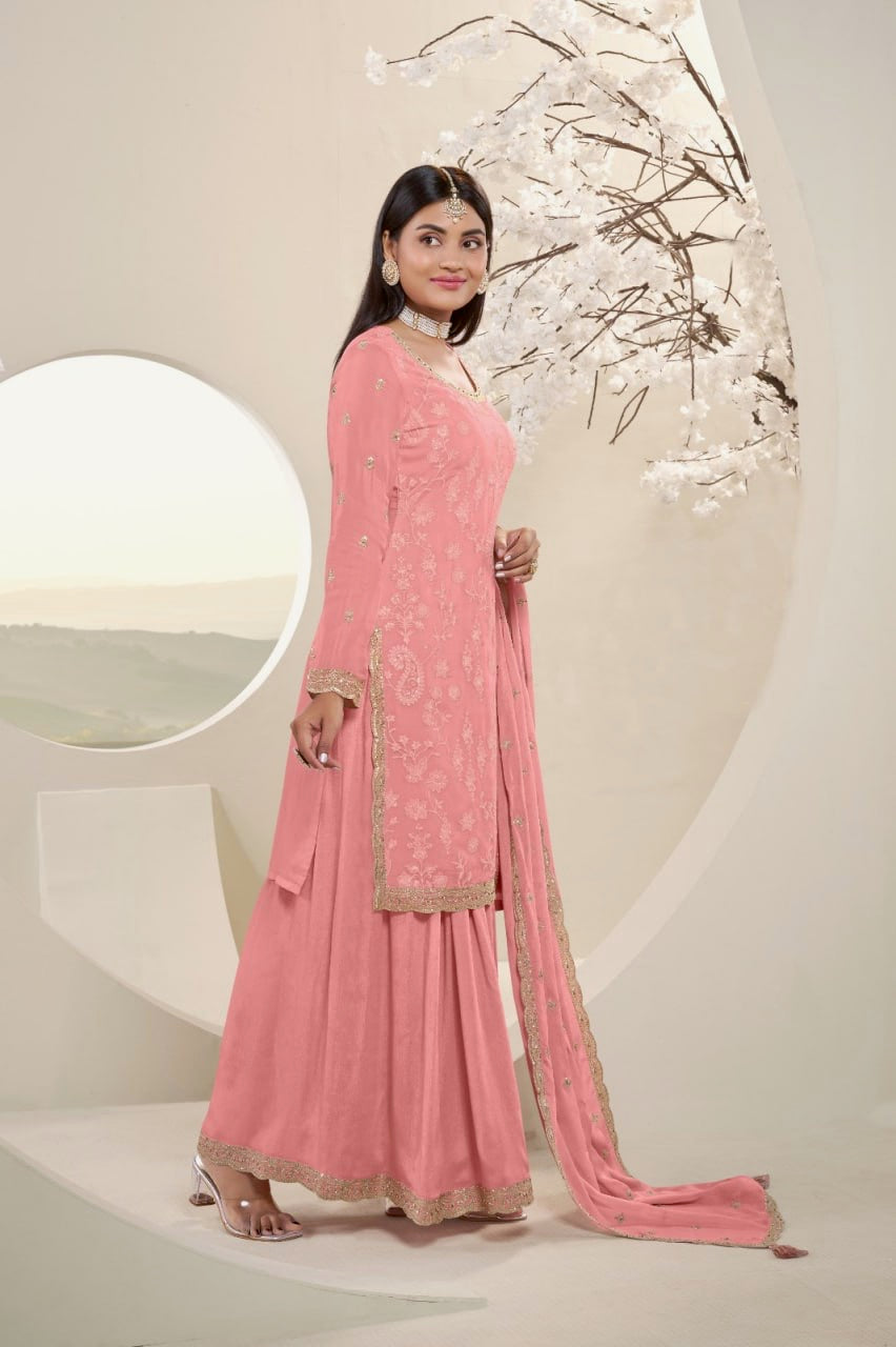 Peach Georgette 3-Piece Sharara Set with Intricate Gota Work