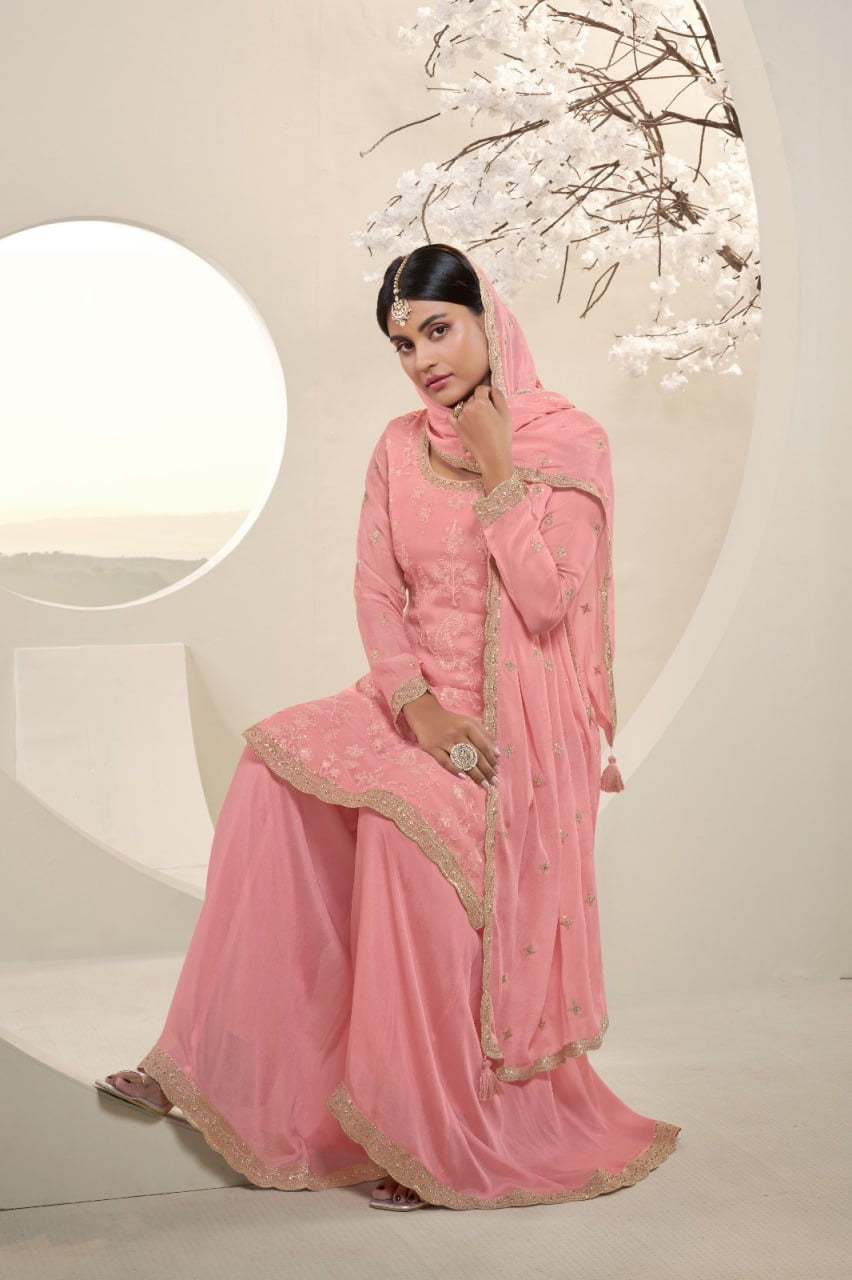 Peach Georgette 3-Piece Sharara Set with Intricate Gota Work