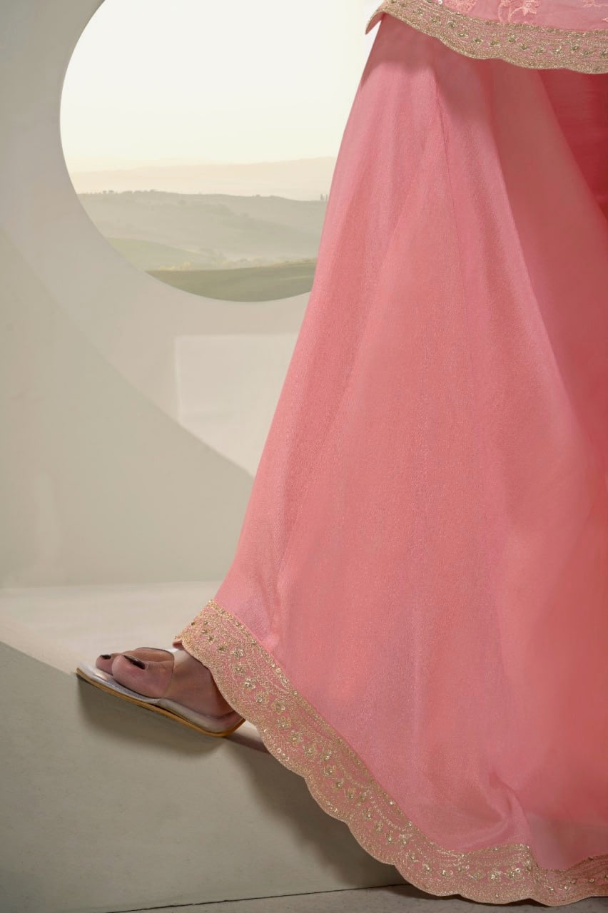 Peach Georgette 3-Piece Sharara Set with Intricate Gota Work