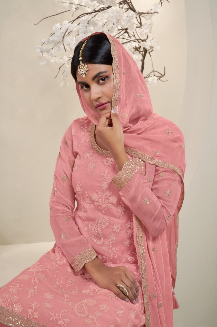 Peach Georgette 3-Piece Sharara Set with Intricate Gota Work