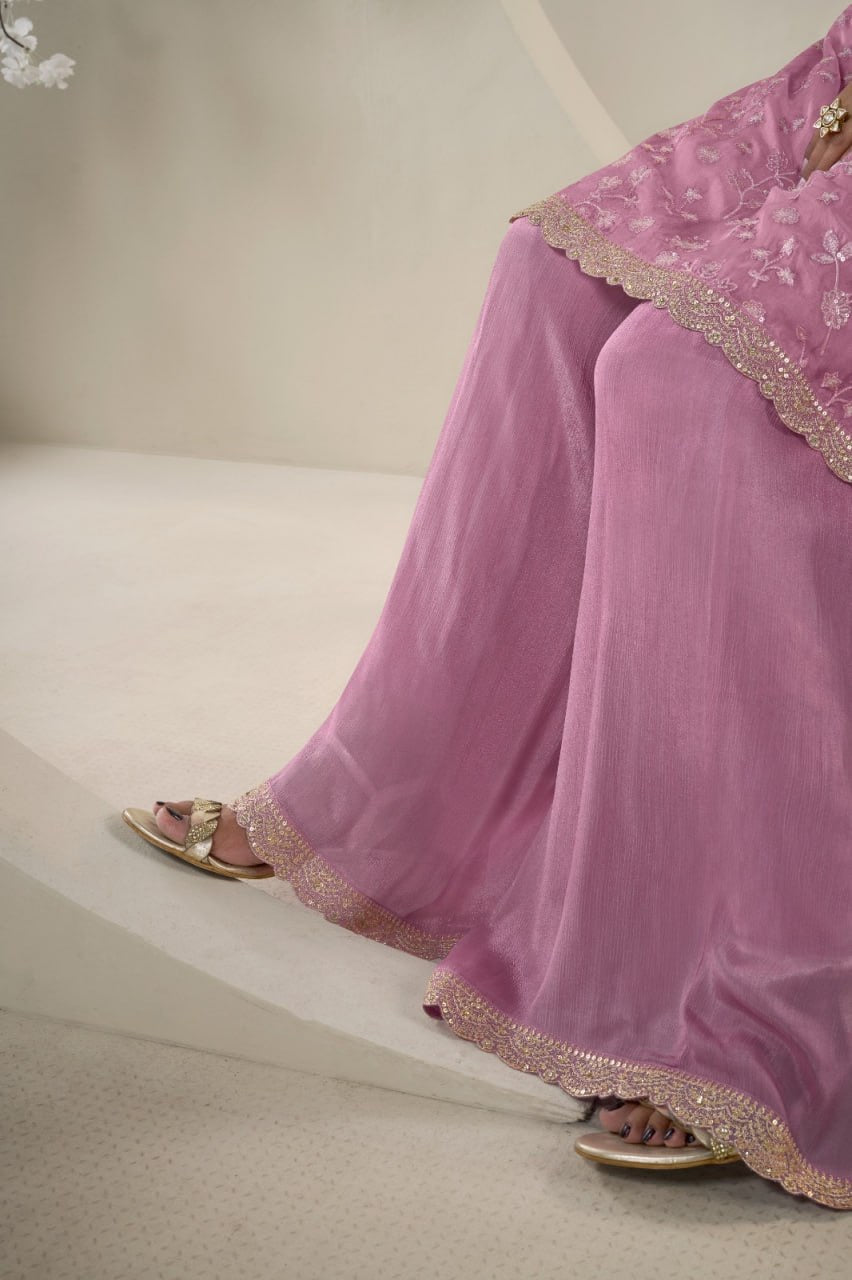 Pink Georgette 3-Piece Sharara Set with Intricate Gota Work