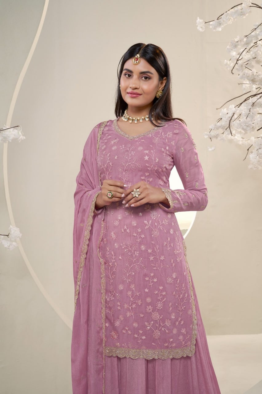 Pink Georgette 3-Piece Sharara Set with Intricate Gota Work