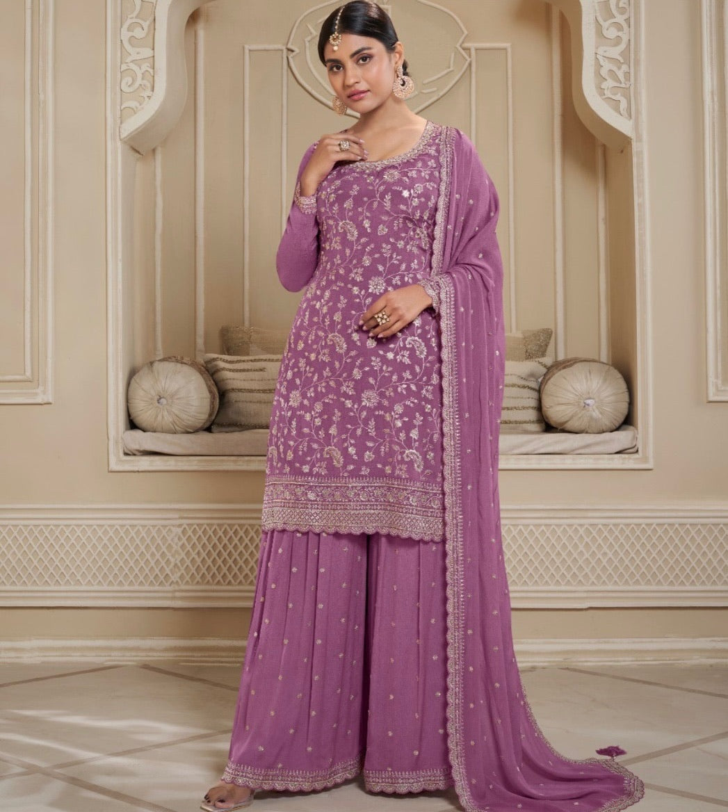3-Piece Festive Sharara Set in Silk Blend/Georgette with Hand Embroidery