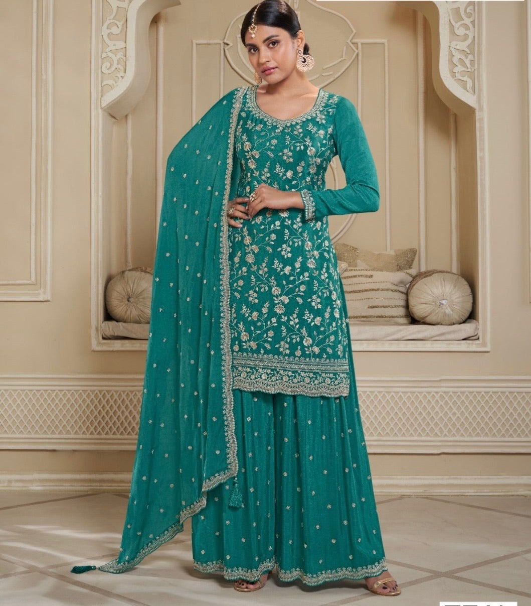 3-Piece Festive Sharara Set in Silk Blend/Georgette with Hand Embroidery