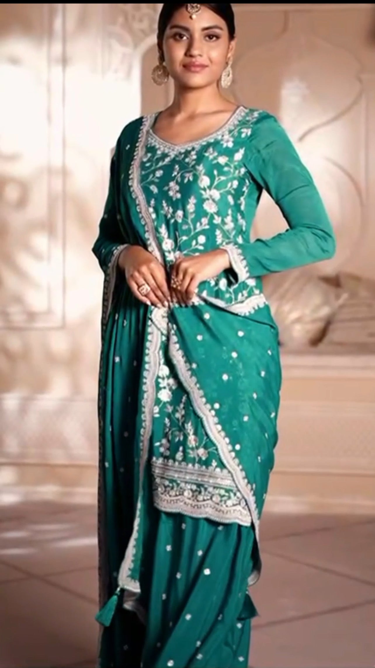 3-Piece Festive Sharara Set in Silk Blend/Georgette with Hand Embroidery
