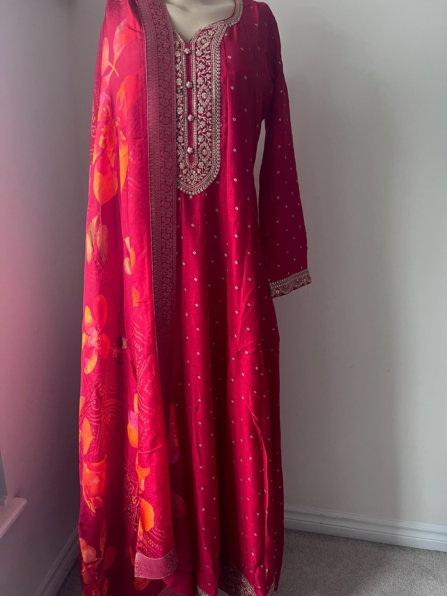 Full-Flare Crepe Silk Anarkali with Gold Weave Motifs & Floral Printed Dupatta in RED