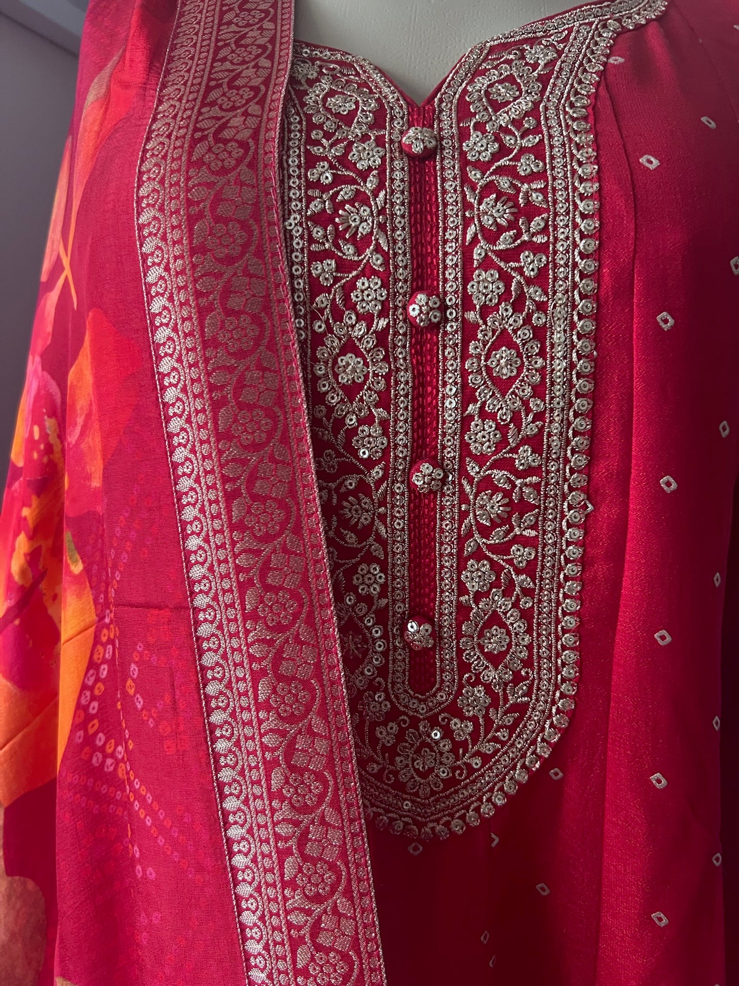 Full-Flare Crepe Silk Anarkali with Gold Weave Motifs & Floral Printed Dupatta in RED