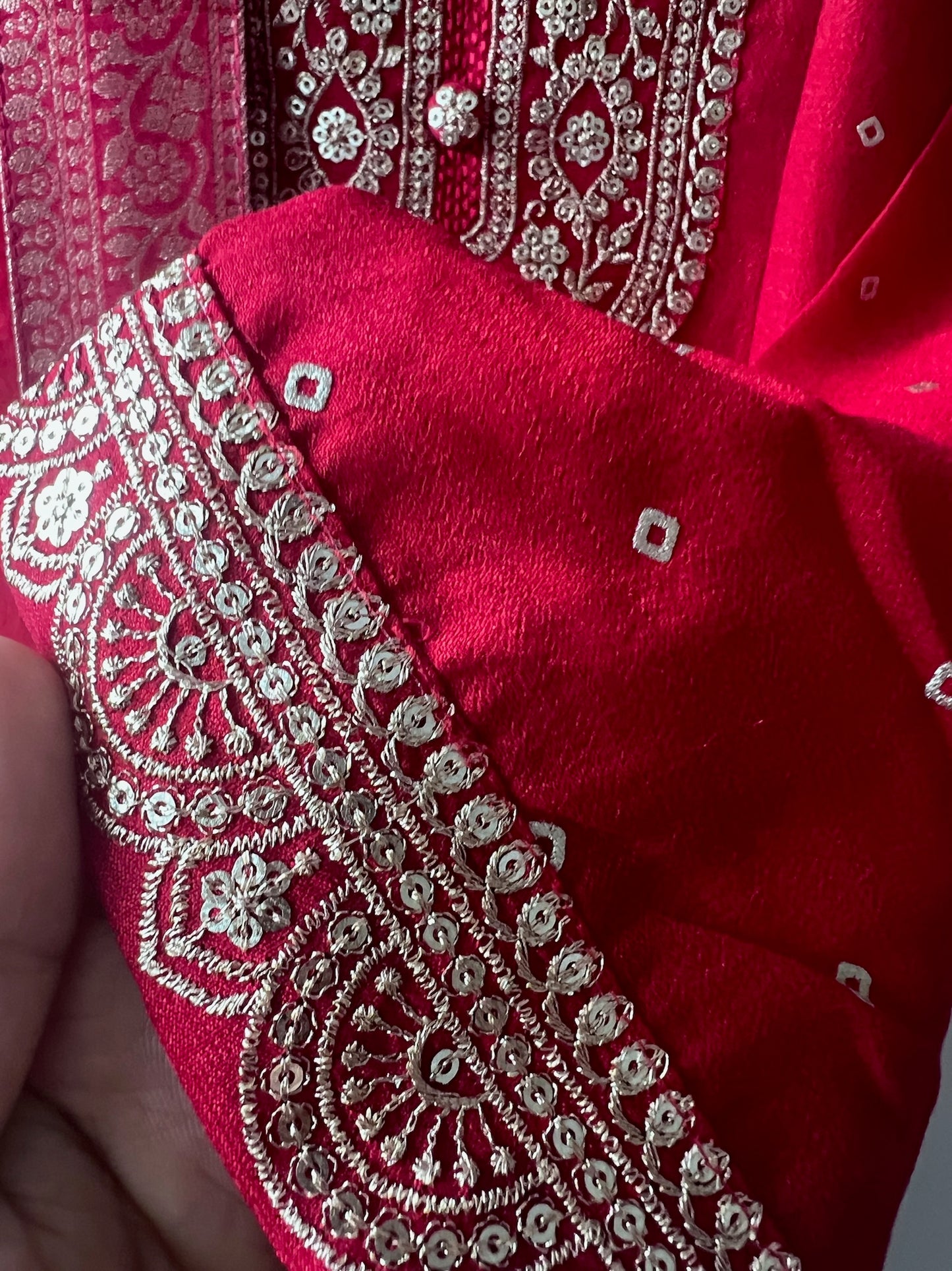 Full-Flare Crepe Silk Anarkali with Gold Weave Motifs & Floral Printed Dupatta in RED
