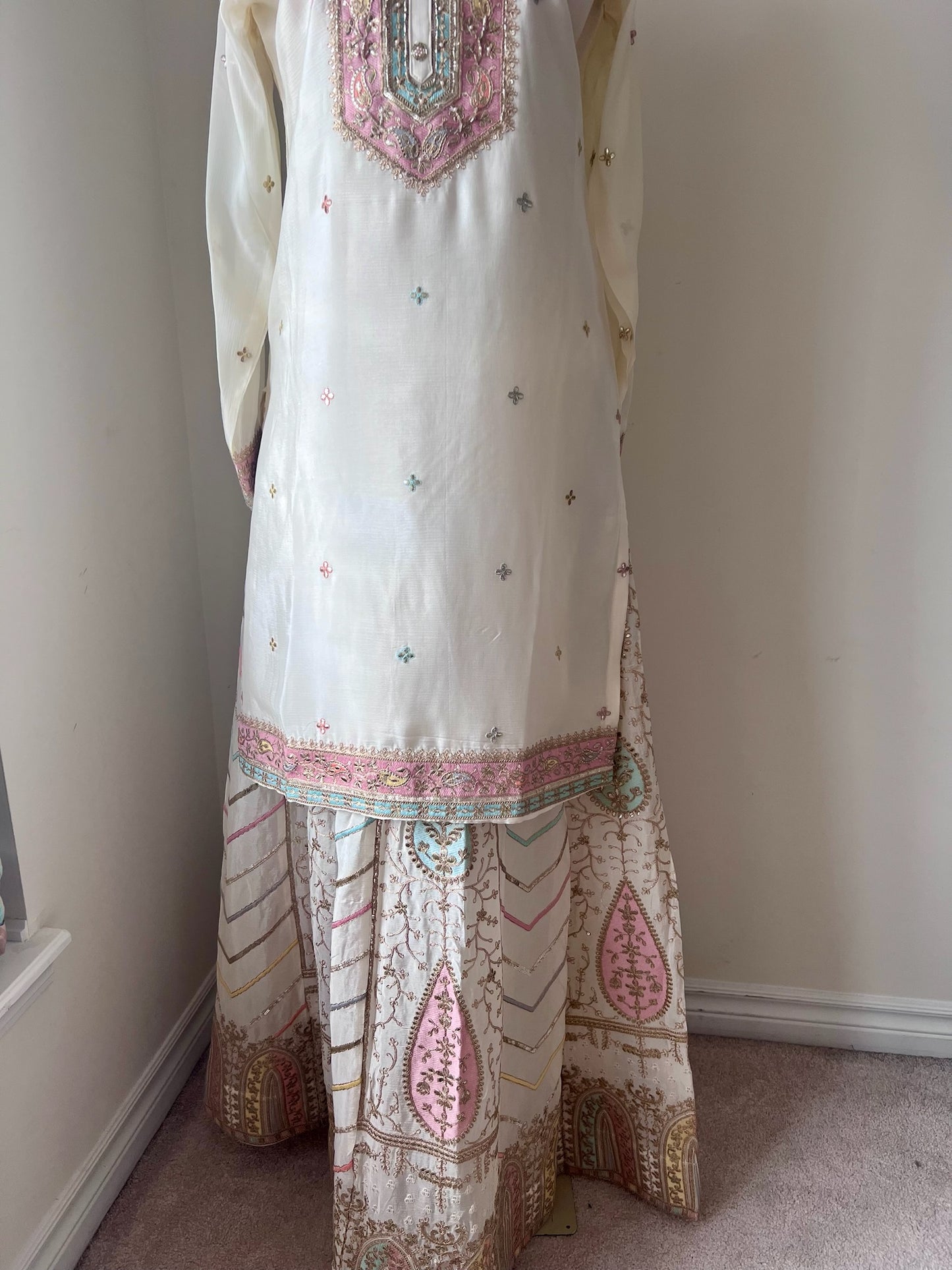 Off-White 3-Piece Embroidered Festive Set with Lehenga/Skirt and Dupatta
