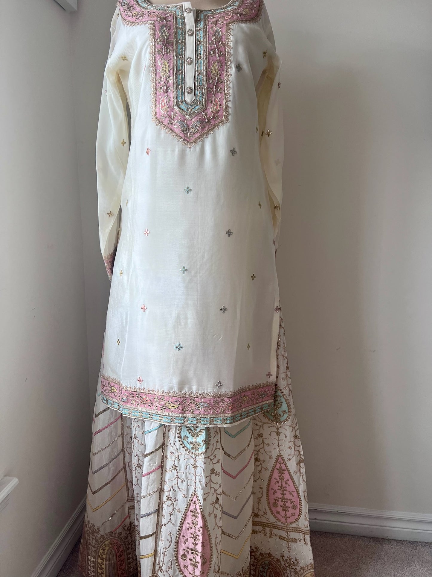 Off-White 3-Piece Embroidered Festive Set with Lehenga/Skirt and Dupatta