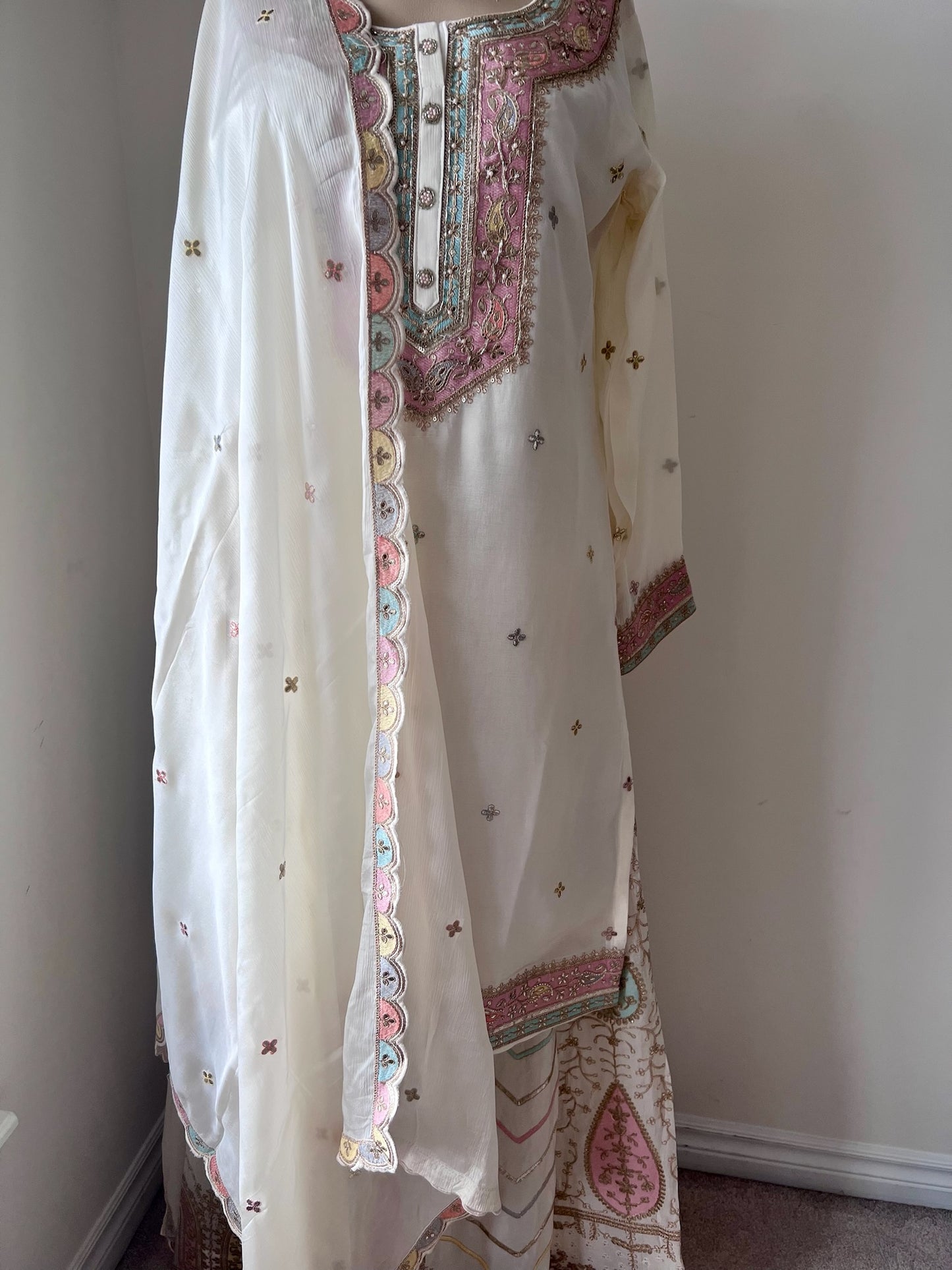 Off-White 3-Piece Embroidered Festive Set with Lehenga/Skirt and Dupatta