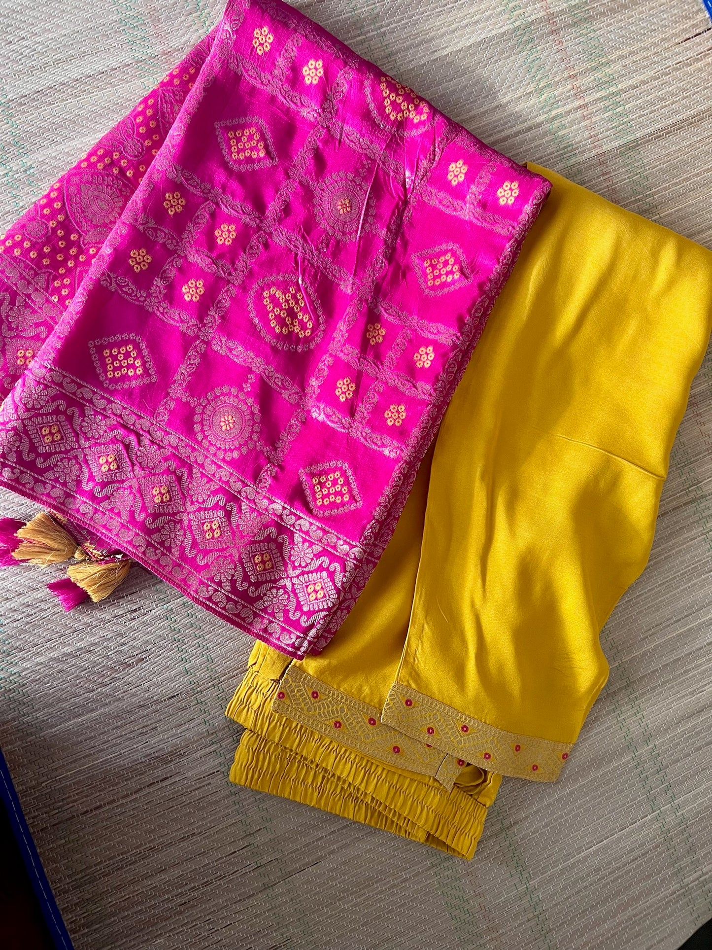 Silk Blend 3-Piece Suit in Sunshine Yellow and Magenta with Butti Weave and Bandhani Dupatta