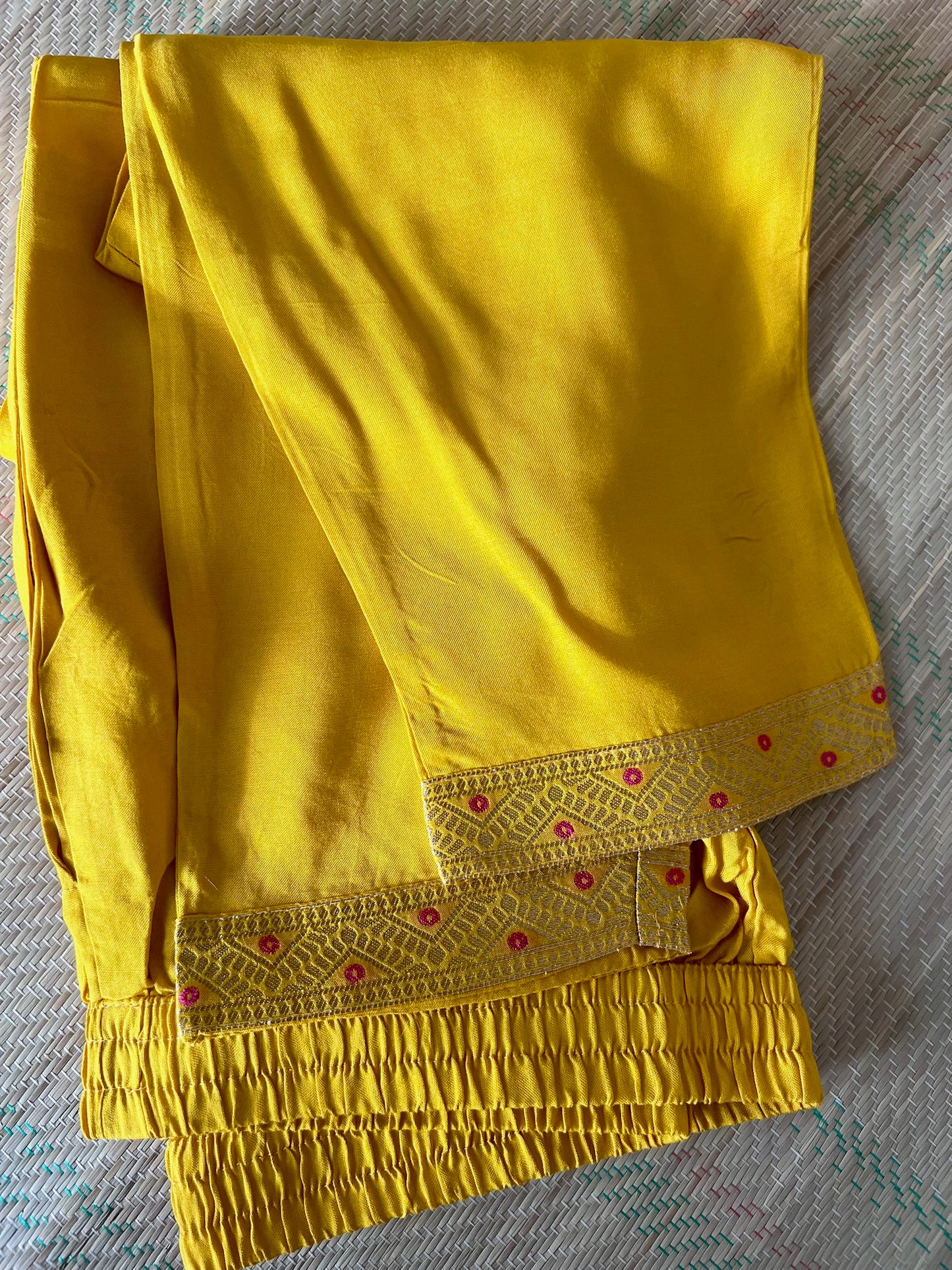 Silk Blend 3-Piece Suit in Sunshine Yellow and Magenta with Butti Weave and Bandhani Dupatta