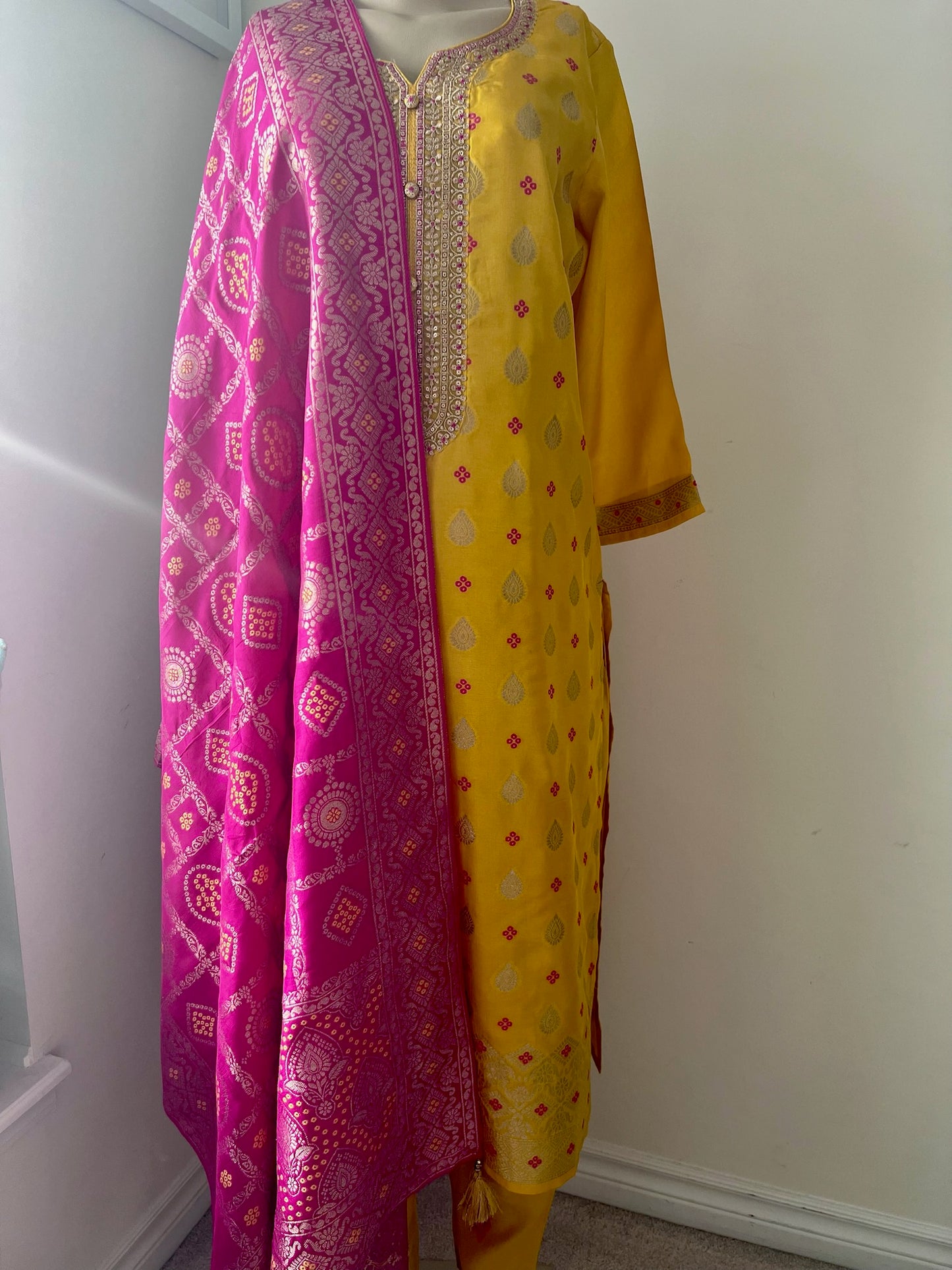 Silk Blend 3-Piece Suit in Sunshine Yellow and Magenta with Butti Weave and Bandhani Dupatta