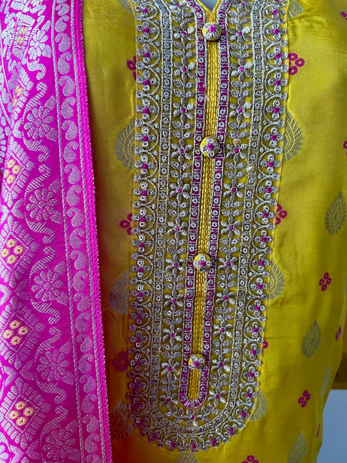 Silk Blend 3-Piece Suit in Sunshine Yellow and Magenta with Butti Weave and Bandhani Dupatta