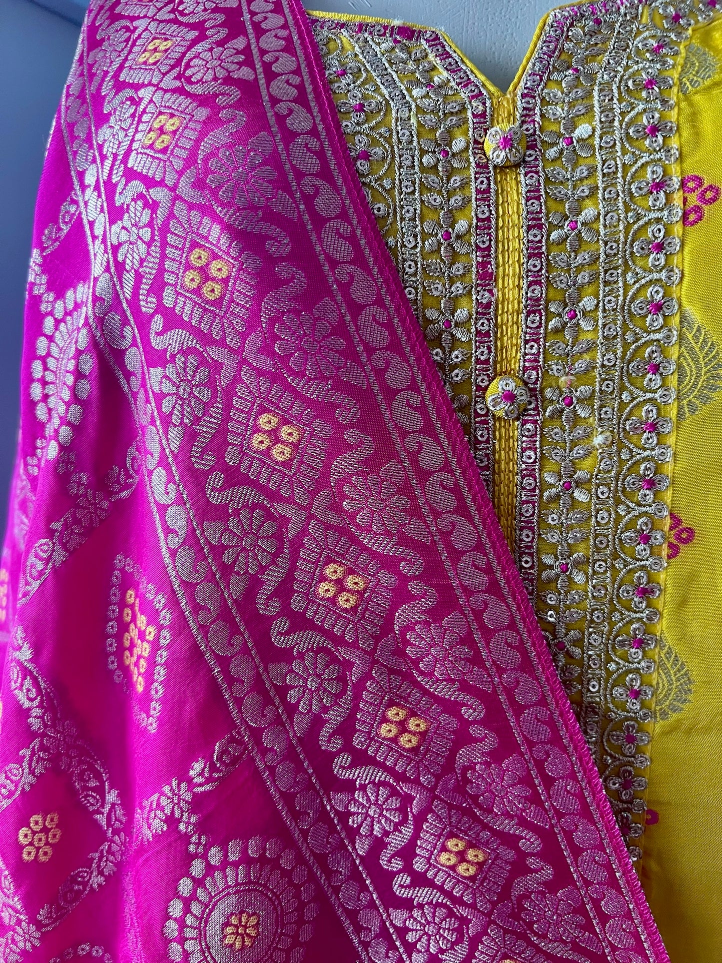 Silk Blend 3-Piece Suit in Sunshine Yellow and Magenta with Butti Weave and Bandhani Dupatta