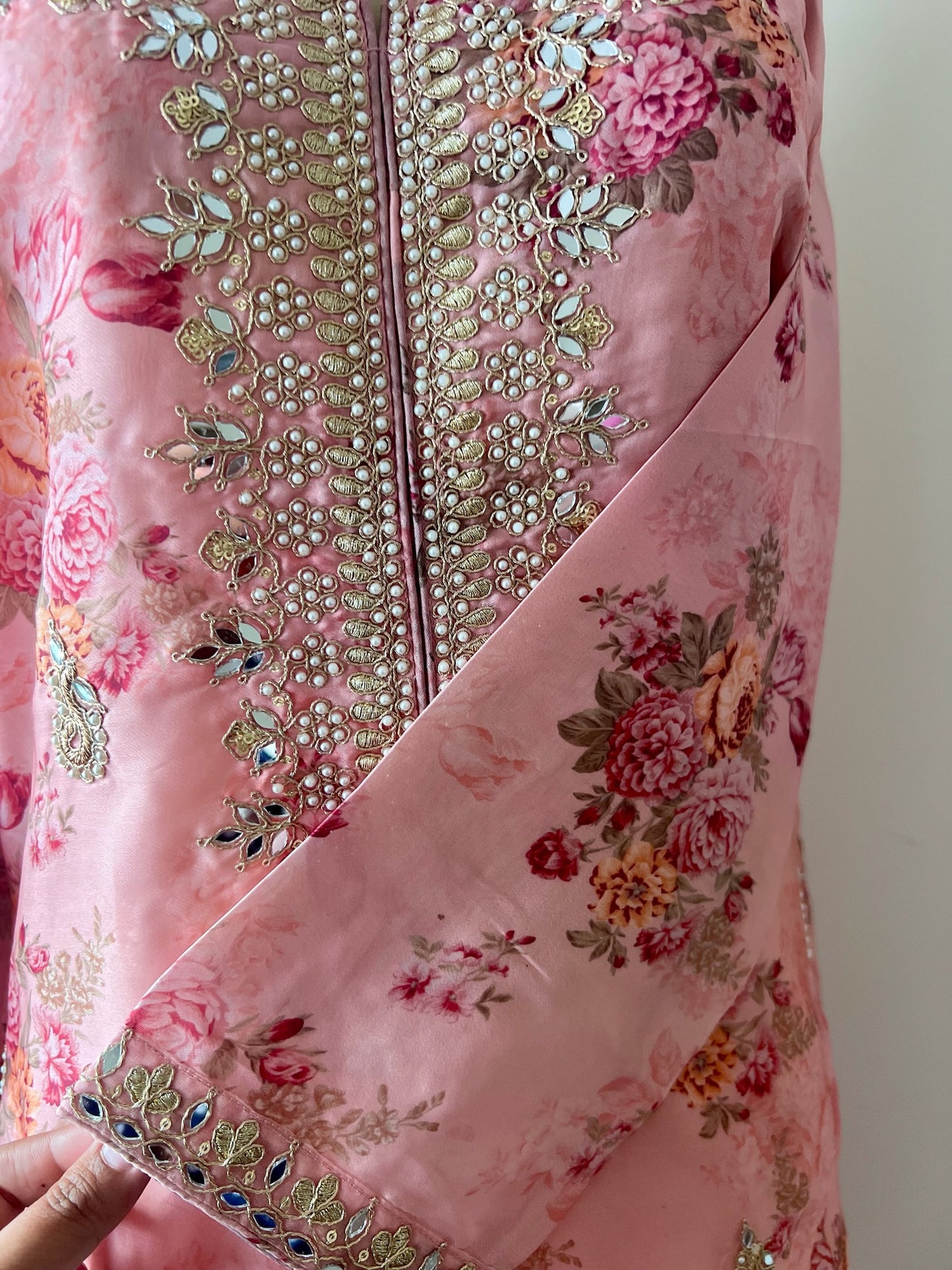 Peach German Silk 3-Piece Suit with Floral Pattern and Exquisite Bead Work – Elegant Festive Wear