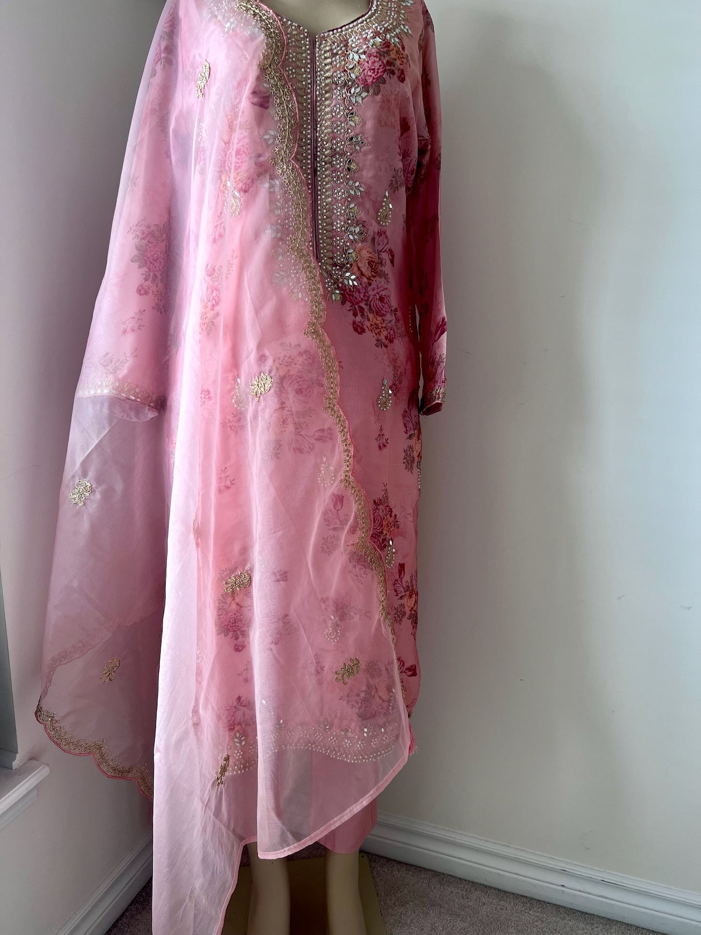 Peach German Silk 3-Piece Suit with Floral Pattern and Exquisite Bead Work – Elegant Festive Wear