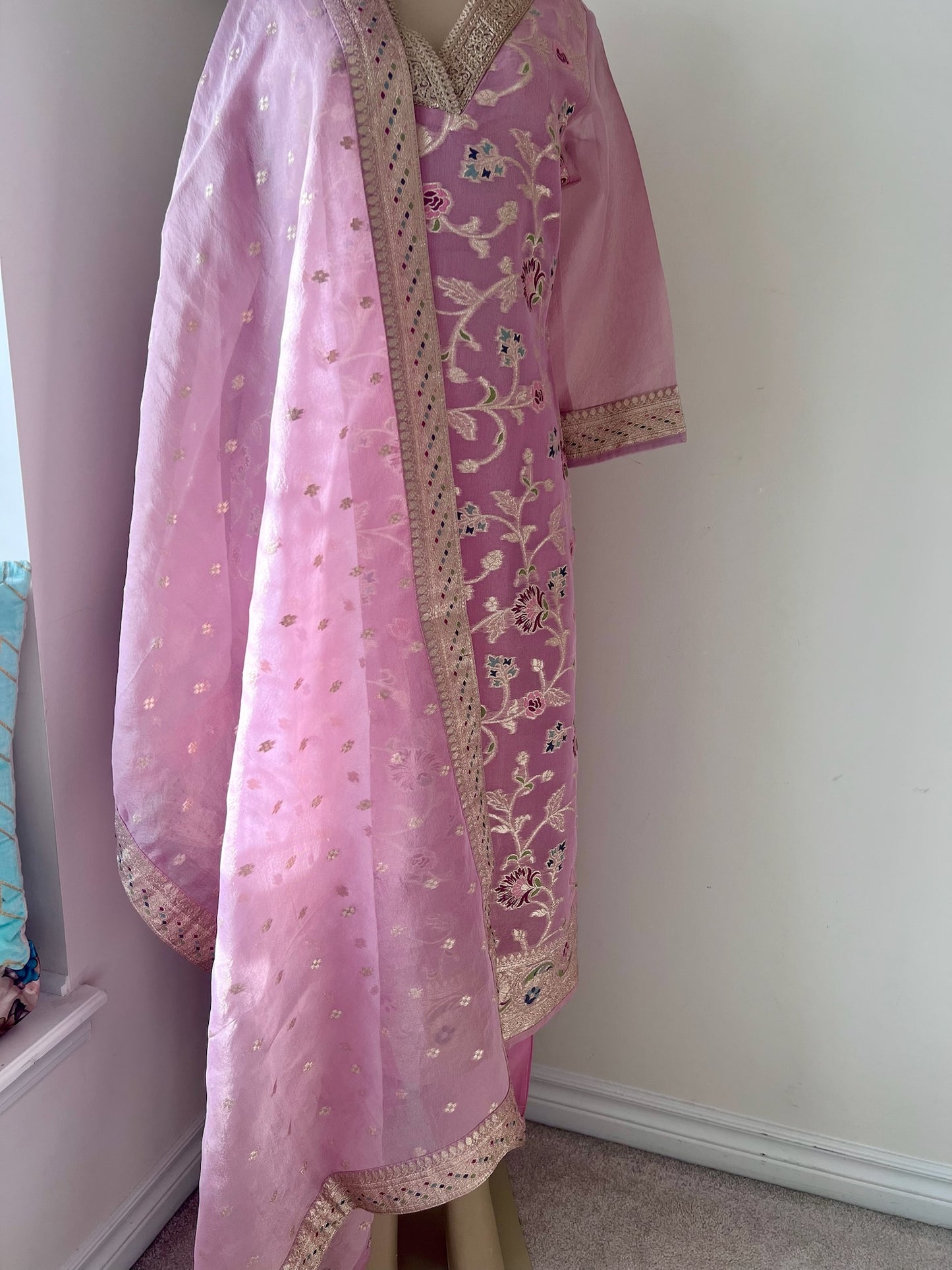 Tissue Silk 3-Piece Suit with Golden Butti Work – Classy Traditional Wear