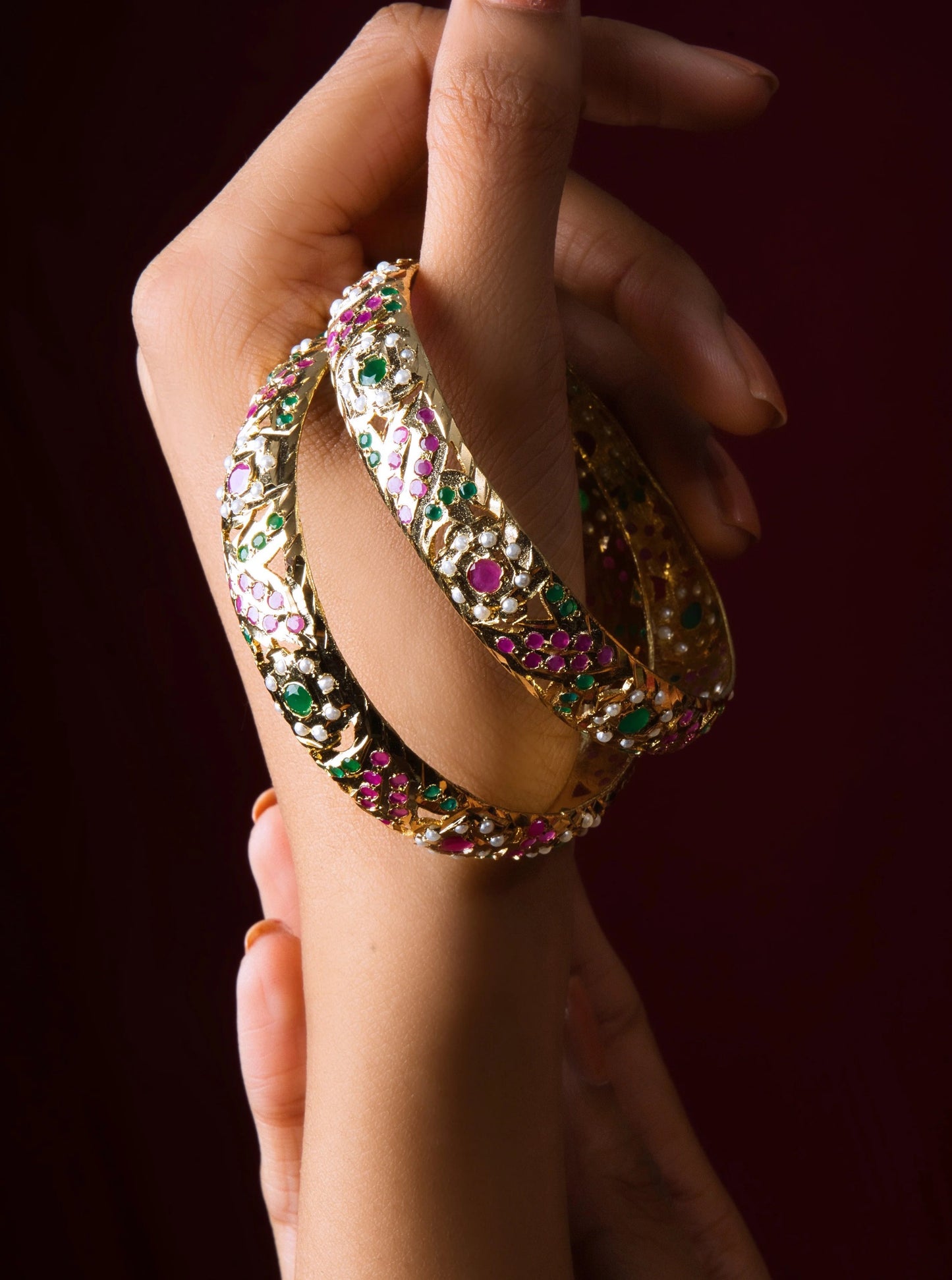 Opulent Multicolored Jadau Openable Bangles Pair- Size 2.4