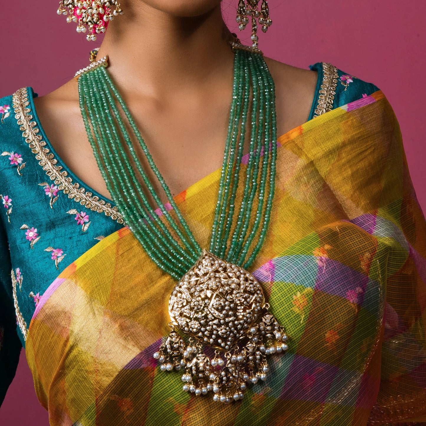 Product Title: Emerald Green Jadau Bridal Necklace; Earrings Set – Handcrafted Luxury Jewelry