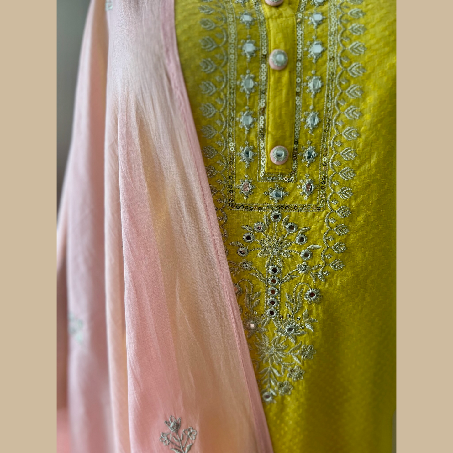 Vibrant Yellow Cotton 3-Piece Suit with Exquisite Detailing and Pastel Peach Dupatta & Bottom