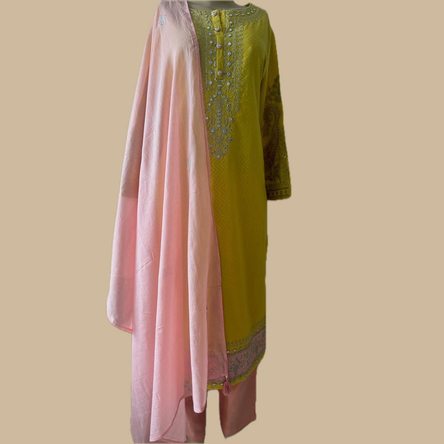 Vibrant Yellow Cotton 3-Piece Suit with Exquisite Detailing and Pastel Peach Dupatta & Bottom