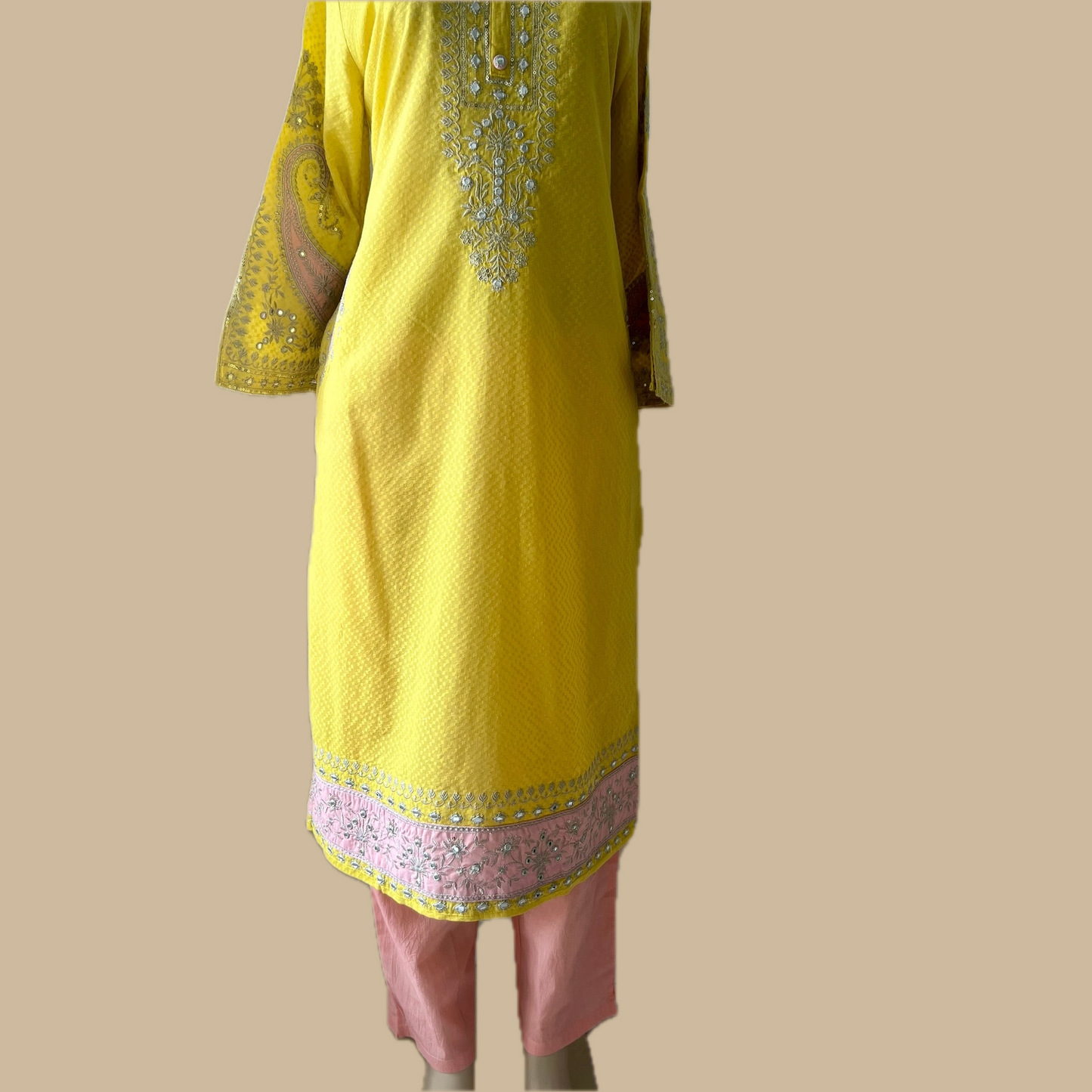 Vibrant Yellow Cotton 3-Piece Suit with Exquisite Detailing and Pastel Peach Dupatta & Bottom