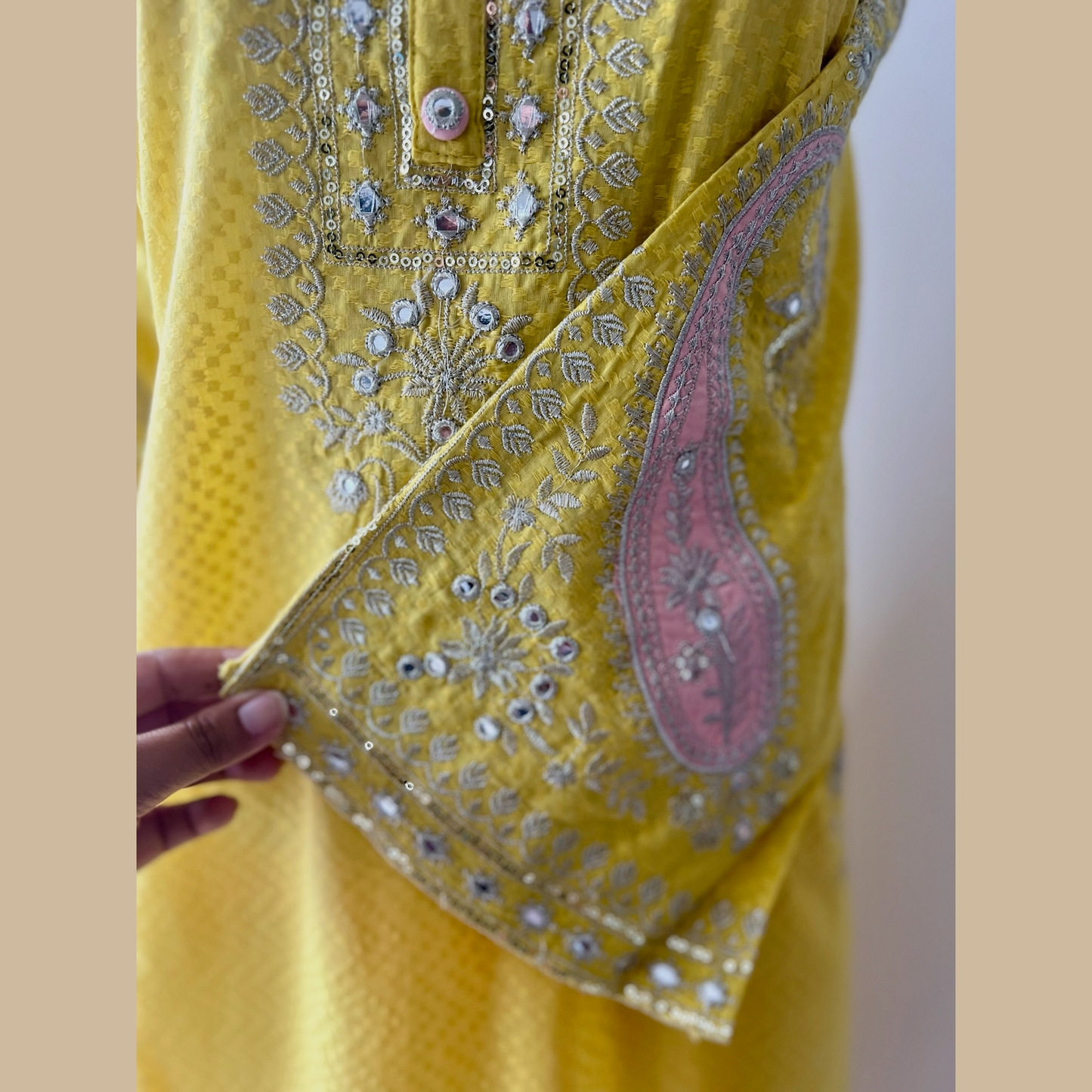 Vibrant Yellow Cotton 3-Piece Suit with Exquisite Detailing and Pastel Peach Dupatta & Bottom