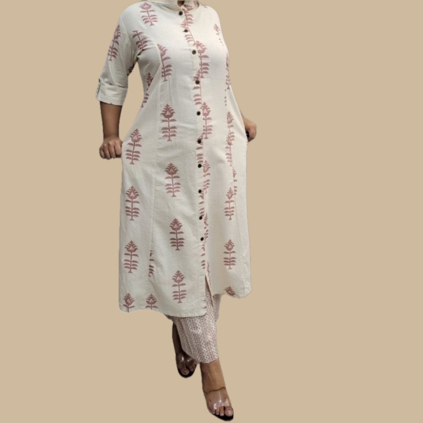 Khadi Cotton Palazzo Set in Beige with Ethnic Motifs